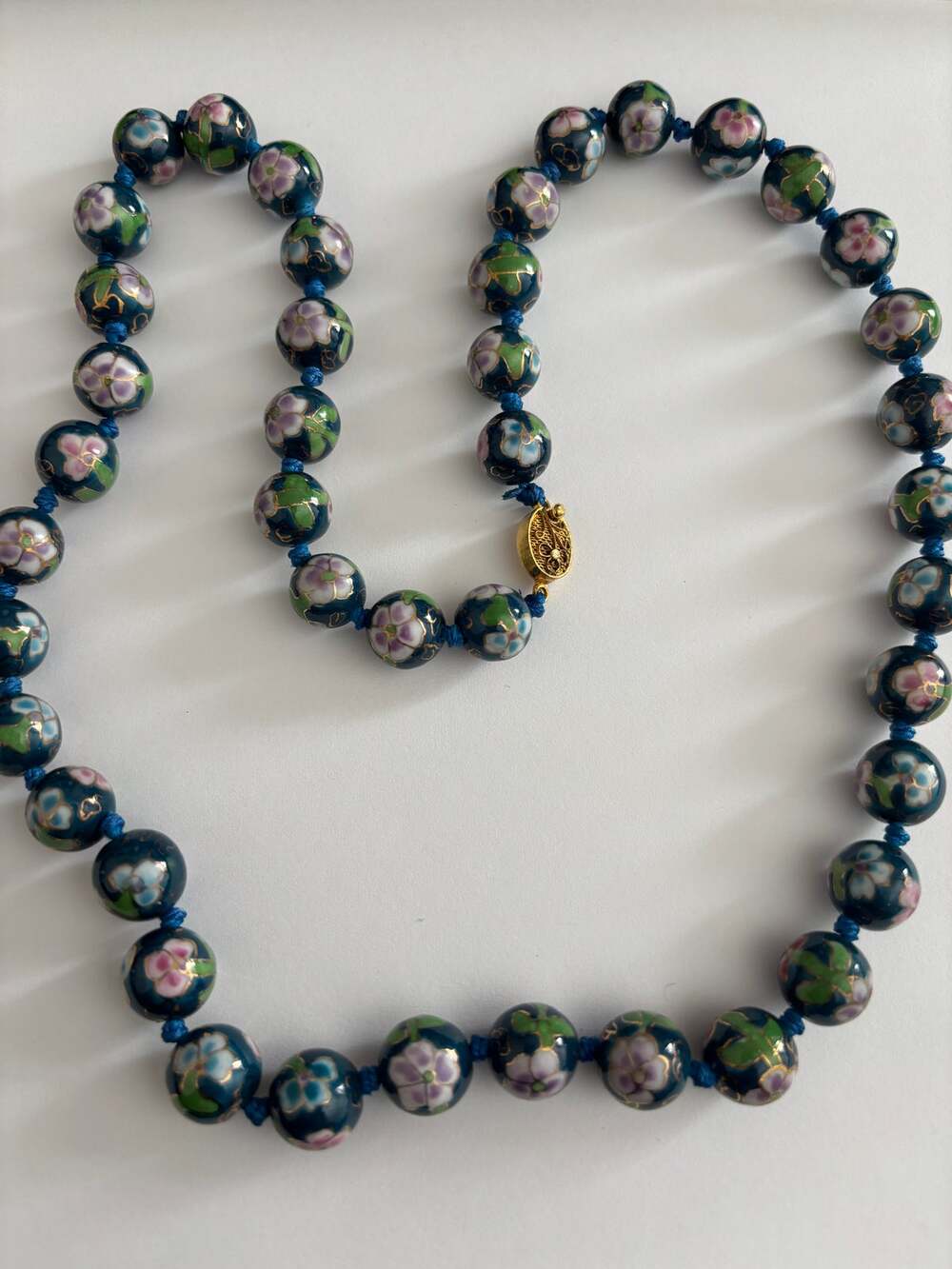 Vintage Cloisonne Style Beaded Necklace Blue Pink